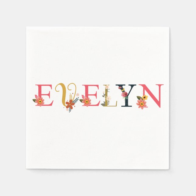 EVELYN Name Art With Flowers Embroidered Napkin (Front)