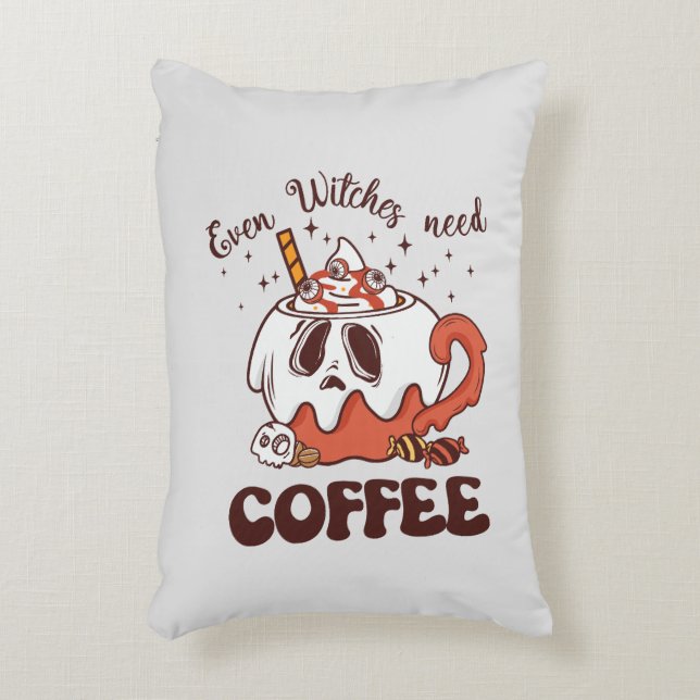 Even Witches Need Coffee – Cute Ghost Accent Pillow (Front(Vertical))