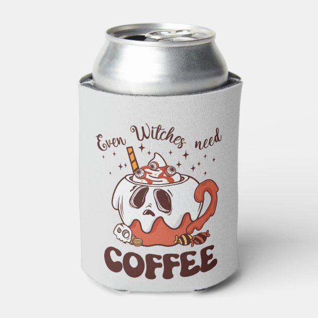 Even Witches Need Coffee – Cute Ghost Can Cooler (Can Front)
