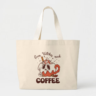 Even Witches Need Coffee – Cute Ghost Large Tote Bag