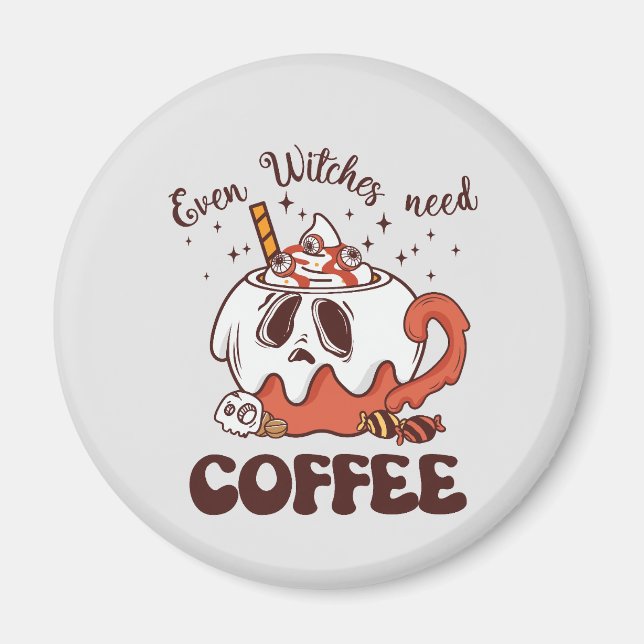 Even Witches Need Coffee – Cute Ghost Magnet (Front)