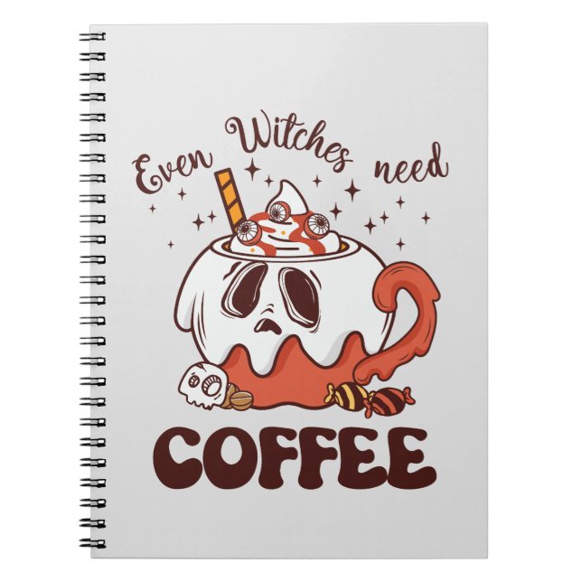 Even Witches Need Coffee – Cute Ghost Notebook (Front)