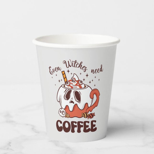 Even Witches Need Coffee – Cute Ghost Paper Cups (Front)