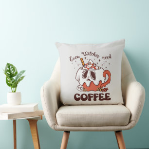 Even Witches Need Coffee – Cute Ghost Throw Pillow