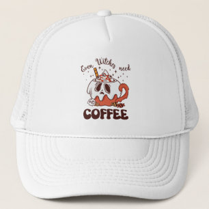 Even Witches Need Coffee – Cute Ghost Trucker Hat