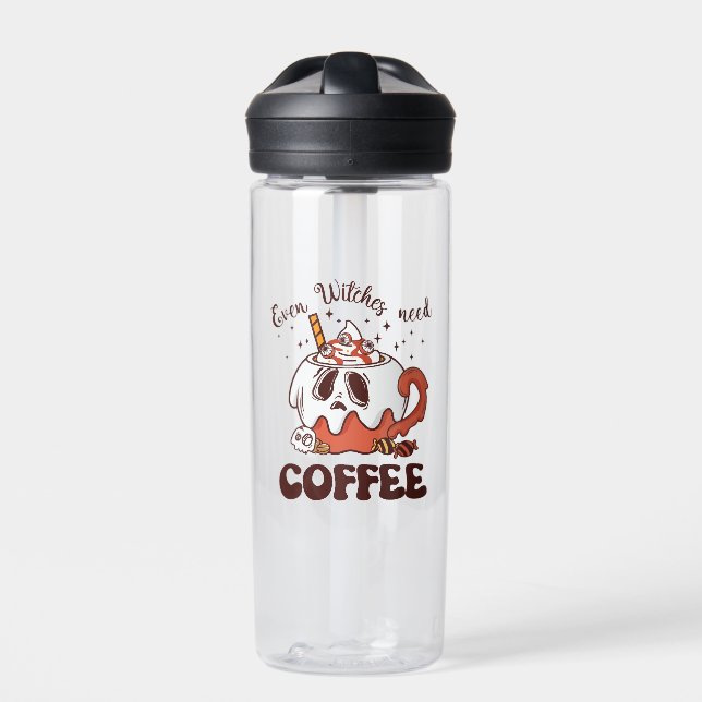 Even Witches Need Coffee – Cute Ghost Water Bottle (Front)
