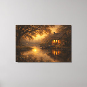 Evening at Ease Lake Cabin Art Stretched Canvas Print
