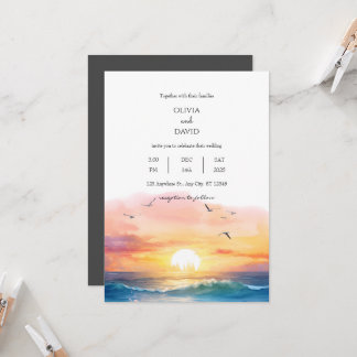 Evening Beach Sunset Scenery Watercolor Wedding Invitation