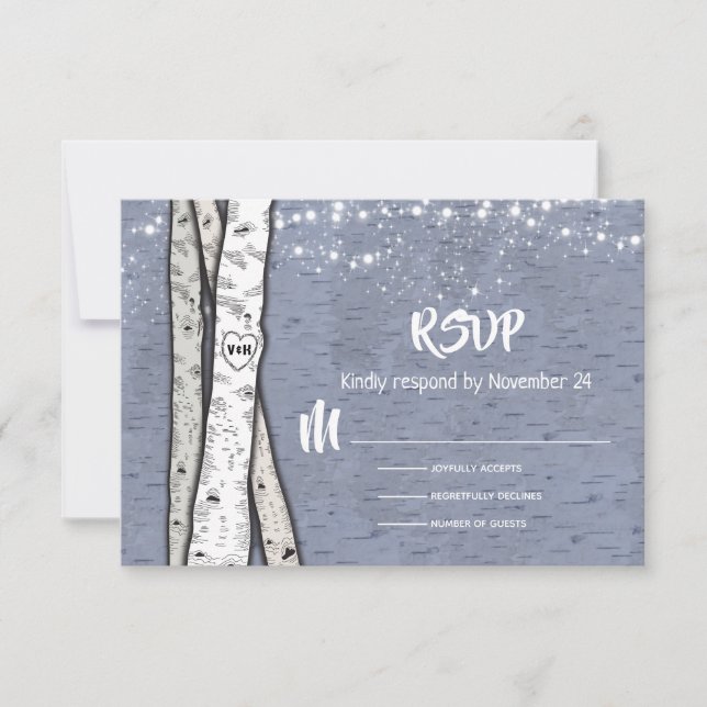 Evening Birch Tree Wedding twinkle lights RSVP Card (Front)
