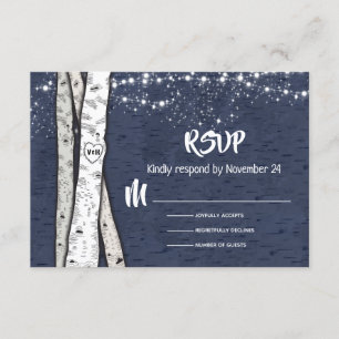 Evening Birch Tree Wedding twinkle lights RSVP Card