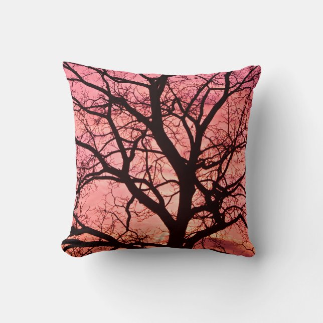 Evening Blush Tree Silhouette Throw Pillow (Front)