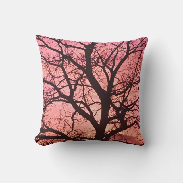 Evening Blush Tree Silhouette Throw Pillow (Front)