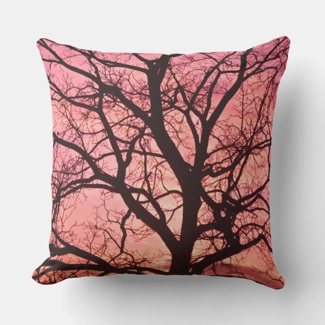 Evening Blush Tree Silhouette Throw Pillow (Front)