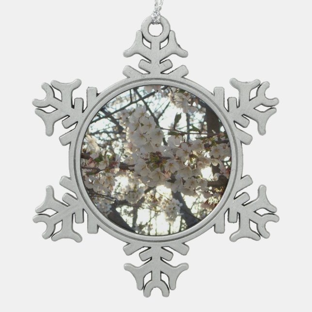 Evening Cherry Blossoms II Spring Sunset Snowflake Pewter Christmas Ornament (Front)