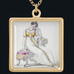 Evening dress or wedding dress, fashion plate from gold plated necklace<br><div class="desc">Image:102853  Evening dress or wedding dress,  fashion plate from Ackermann's Repository of Arts (coloured engraving). English School,  (19th century). Private Collection,  The Stapleton Collection.  Art,  Fine Art.</div>