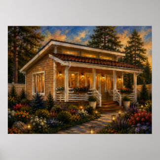 Evening Glow Cottage Garden Oil Painting Poster