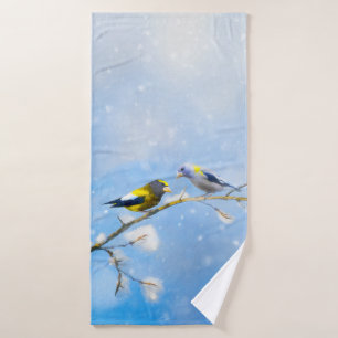 Evening Grosbeak Painting - Cute Original Dog Art Bath Towel Set