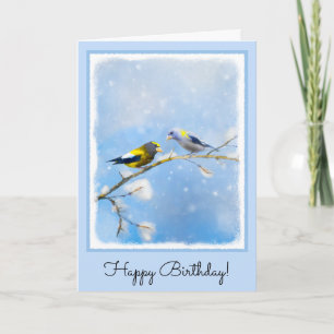 Evening Grosbeak Painting - Cute Original Dog Art Card