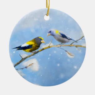 Evening Grosbeak Painting - Cute Original Dog Art Ceramic Ornament