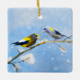 Evening Grosbeak Painting - Cute Original Dog Art Ceramic Ornament