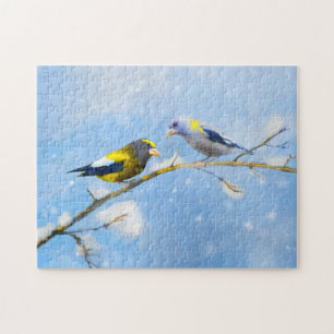 Evening Grosbeak Painting - Cute Original Dog Art Jigsaw Puzzle