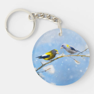 Evening Grosbeak Painting - Cute Original Dog Art Keychain