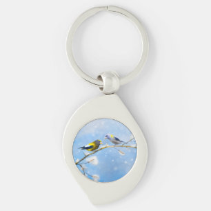 Evening Grosbeak Painting - Cute Original Dog Art Keychain