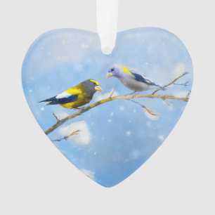 Evening Grosbeak Painting - Cute Original Dog Art Ornament