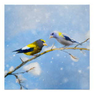 Evening Grosbeak Painting - Cute Original Dog Art Poster