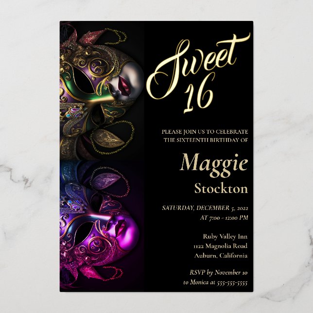 Evening Masquerade Sweet 16 Invitation Foil (Front)