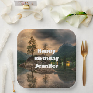 Evening Mountain Lake Photograph Birthday Paper Plate
