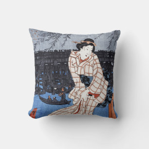 Evening on the river by Utagawa Hiroshige Throw Pillow