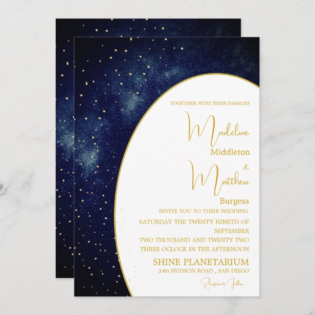 Evening Sky Gold Stars Blue  Modern Wedding Invitation (Front/Back)