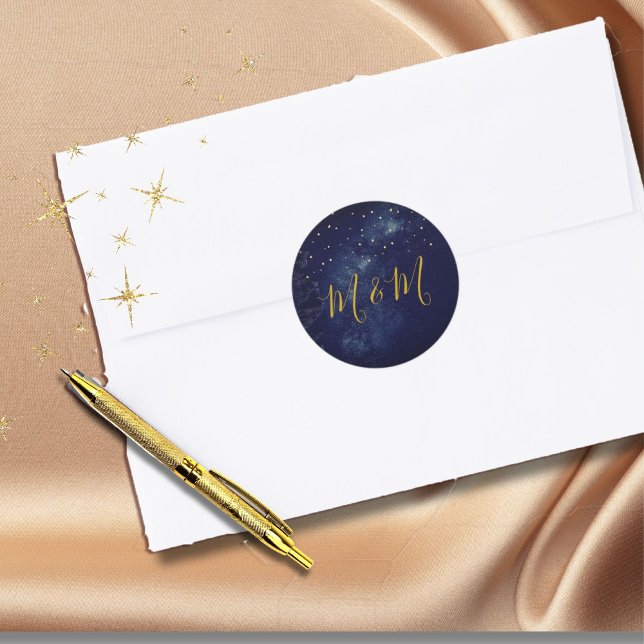 Evening Sky Moon Gold Stars Blue Wedding Classic Round Sticker (Creator Uploaded)