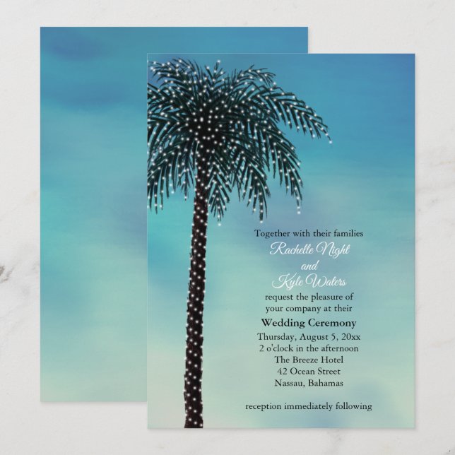 Evening String Lights Palm Tree Wedding Invitation (Front/Back)