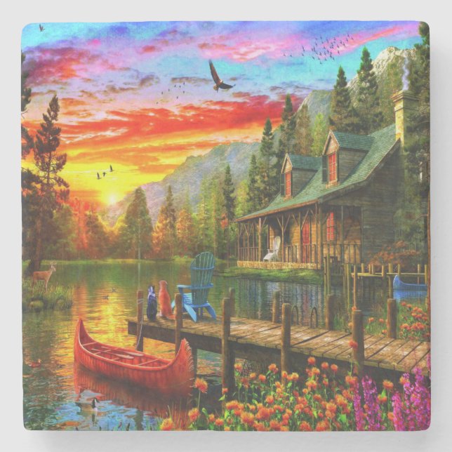 Evening Sunset at the Cabin Fine Art Stone Coaster (Front)