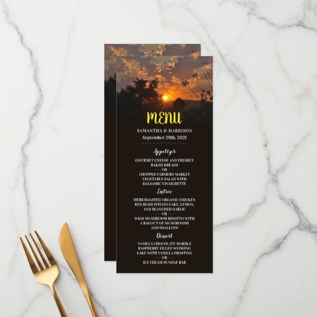 Evening Sunset Scene, Rustic Wedding Menu (Front/Back In Situ)