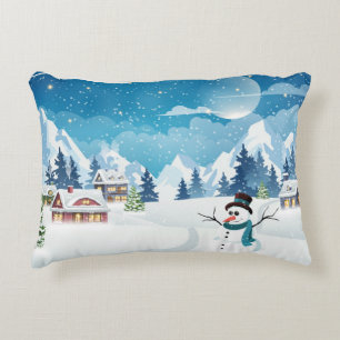 Evening village winter landscape with snow covered accent pillow