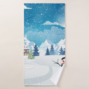 Evening village winter landscape with snow covered bath towel