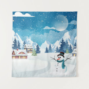 Evening village winter landscape with snow covered tapestry