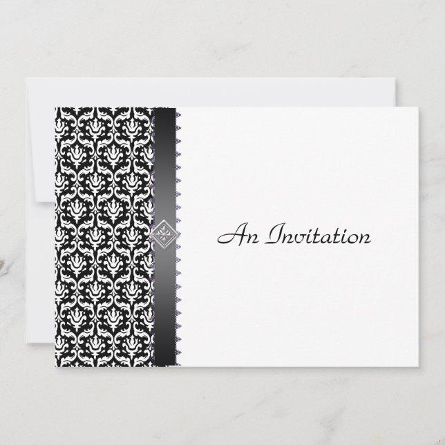 Evening Wedding Reception Black & White Damask Invitation (Front)