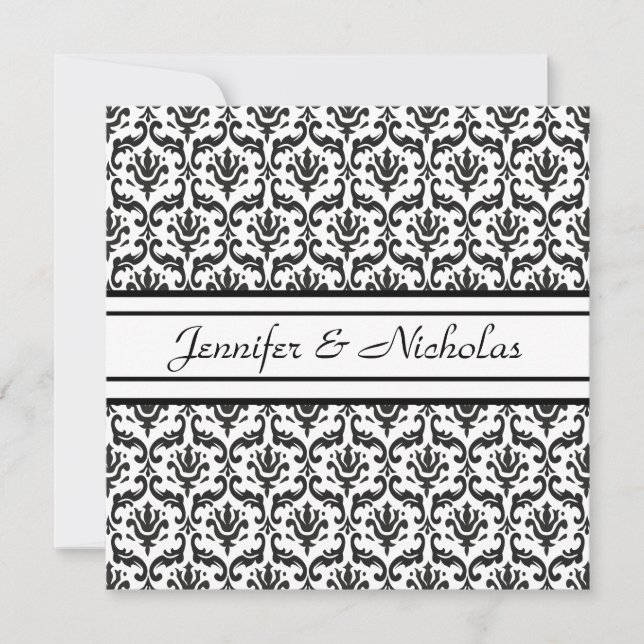 Evening Wedding Recption Black & White Damask Invitation (Front)