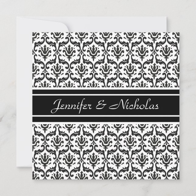 Evening Wedding Recption Black & White Damask Invitation (Front)