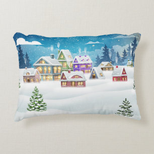 Evening winter village landscape with snow covered accent pillow
