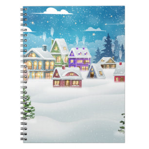Evening winter village landscape with snow covered notebook