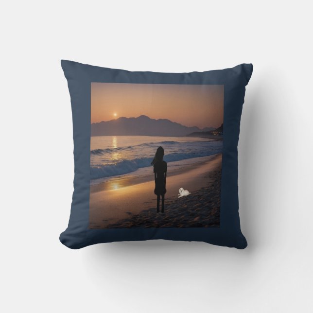 Evening with My Dog on the Beach Throw Pillow (Front)