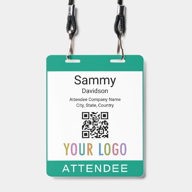 Event Attendee Badge QR Code Logo Emerald Green (Front with Lanyard)