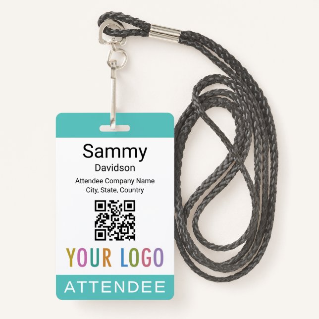 Event Attendee Badge QR Code Logo Turquoise Blue (Front with Lanyard)