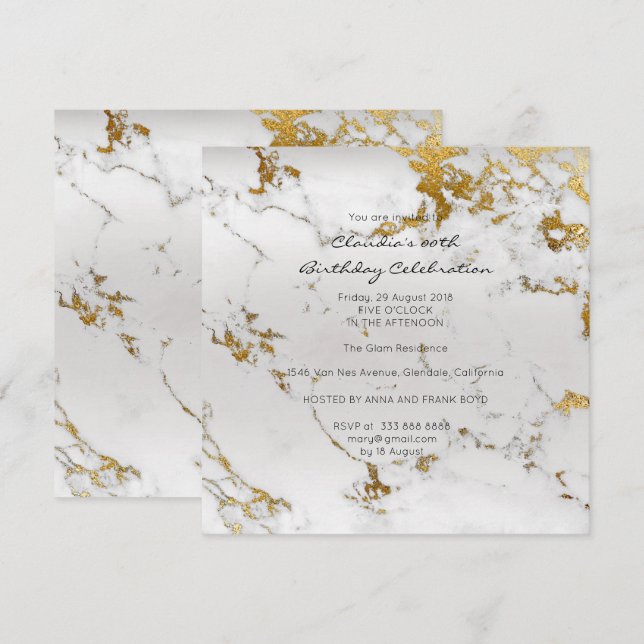 Event Birthday Black Gold Grey Marble Minimal Invitation (Front/Back)