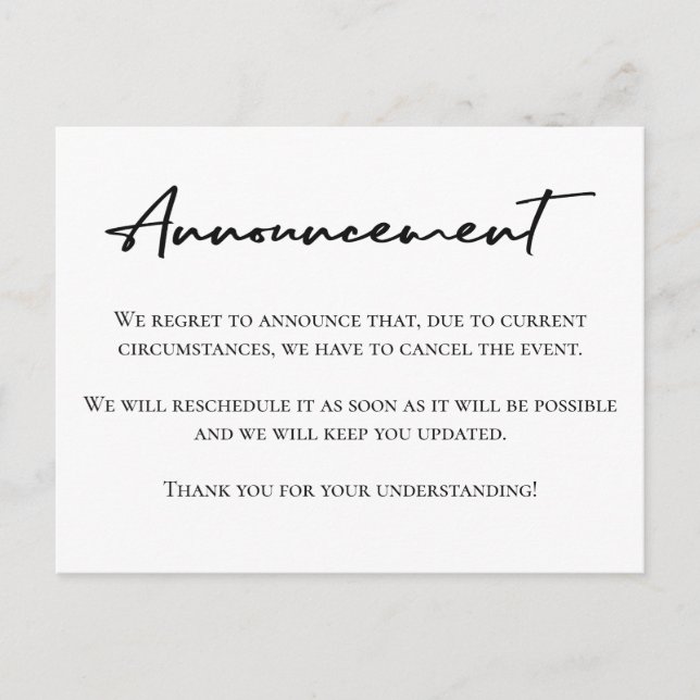 Event cancellation black and white announcement postcard (Front)